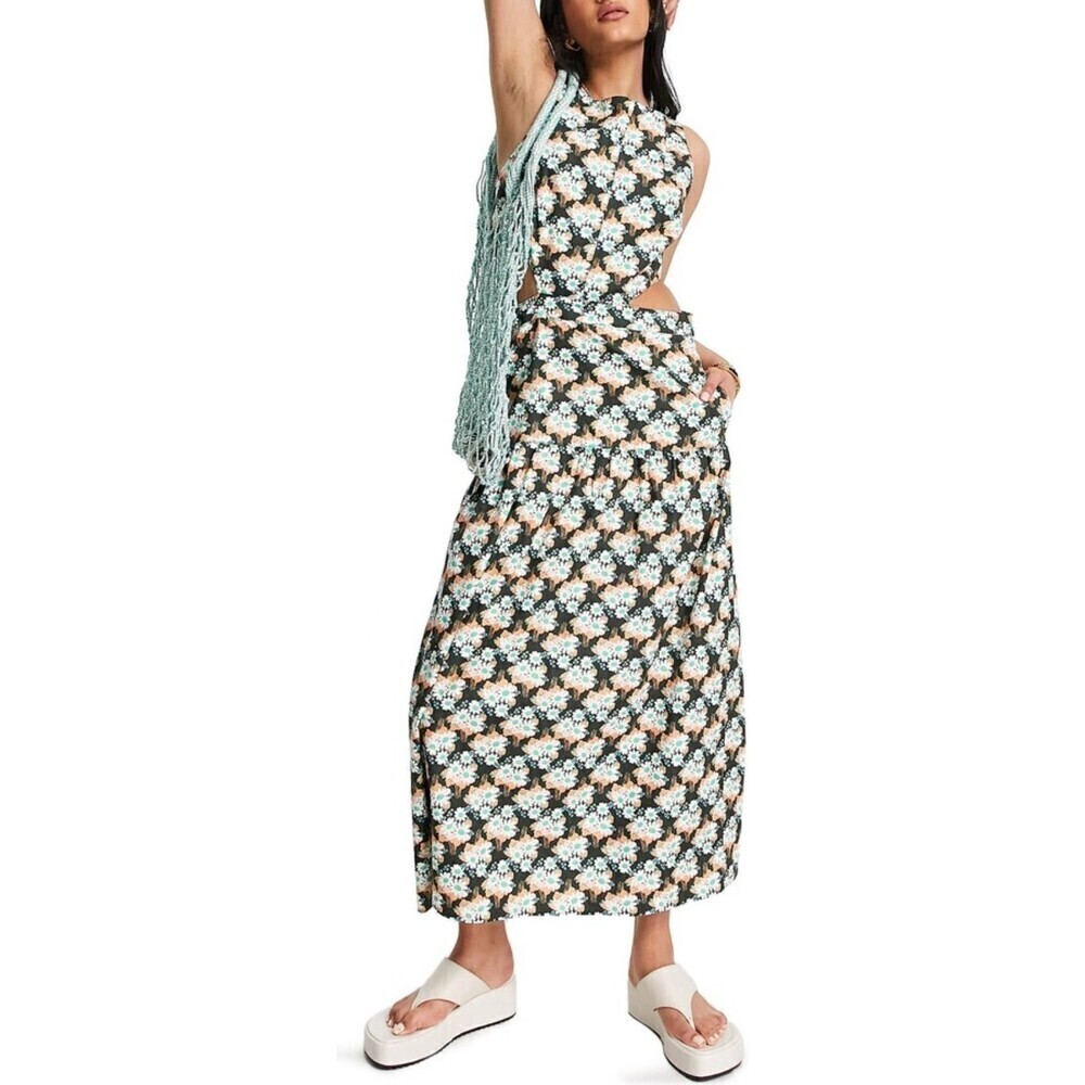 NWT TOPSHOP Brown White Sketched Daisy Floral Cutout Cotton Maxi Dress Size 14